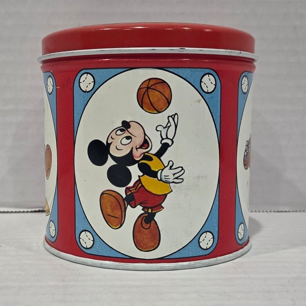 Vintage Disney Mickey Mouse Sports Small Metal Tin Basketball Baseball Fishing